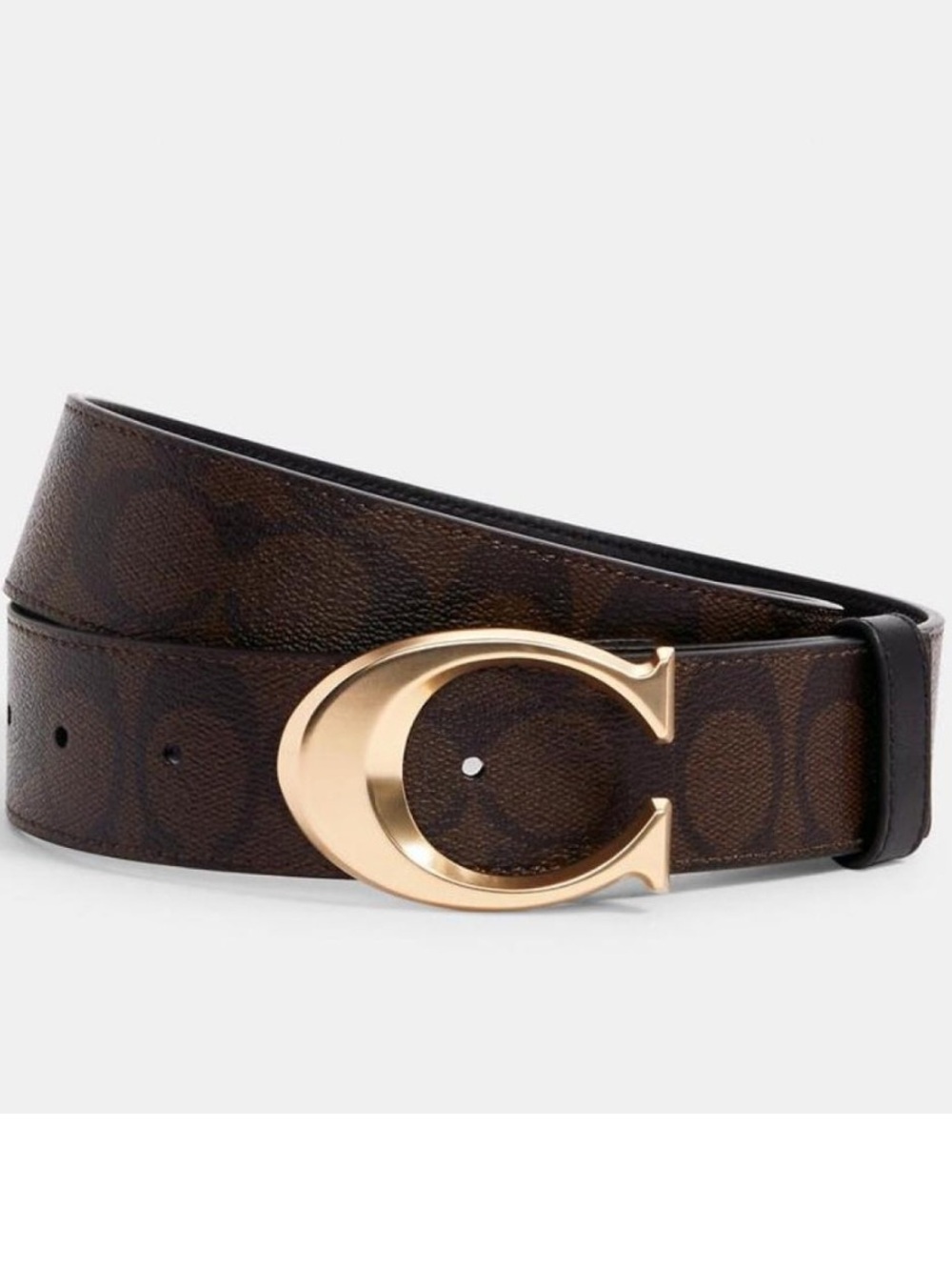 Coach Dark Brown Signature Monogram Belt with Gold C Buckle